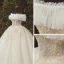 High End Champagner Hochzeits Brautkleider / Hochzeitskleider 2020 Ballkleid Off Shoulder Kurze Ärmel Rückenfreies Feder Applikationen Blumen Perlenstickerei Glanz Tülle Kathedrale Schleppe