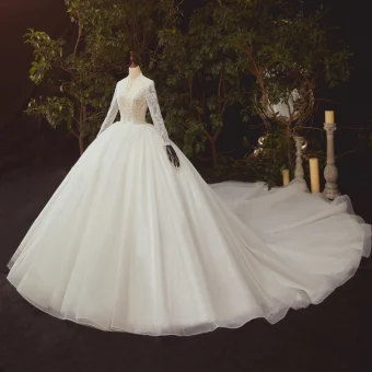 Illusion Ivory See Through Bridal Wedding Dresses 2020 Ball Gown V Neck Long Sleeve Beading Sequins Glitter Tulle Royal Train Ruffle