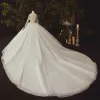 Illusion Ivory See-through Bridal Wedding Dresses 2020 Ball Gown V-Neck Long Sleeve Beading Sequins Glitter Tulle Royal Train Ruffle