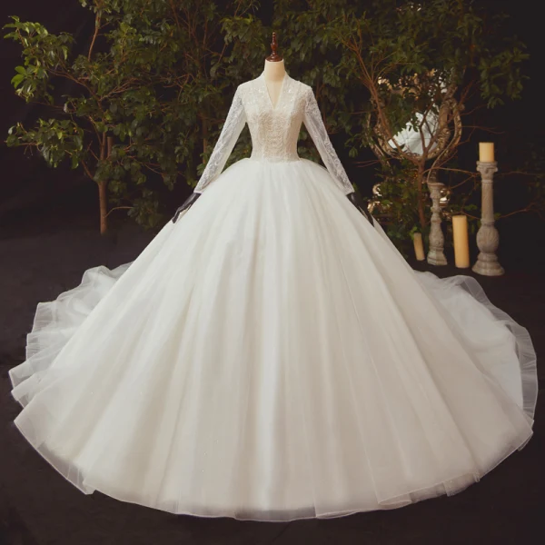 Illusion Ivory See-through Bridal Wedding Dresses 2020 Ball Gown V-Neck Long Sleeve Beading Sequins Glitter Tulle Royal Train Ruffle