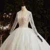 Illusion Ivory See-through Bridal Wedding Dresses 2020 Ball Gown V-Neck Long Sleeve Beading Sequins Glitter Tulle Royal Train Ruffle