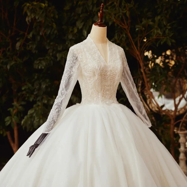 Illusion Ivory See-through Bridal Wedding Dresses 2020 Ball Gown V-Neck Long Sleeve Beading Sequins Glitter Tulle Royal Train Ruffle