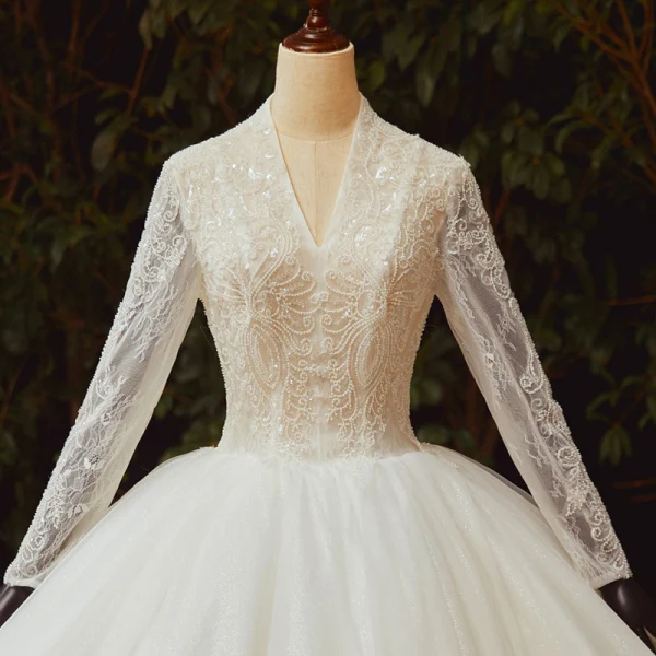 Illusion Ivory See-through Bridal Wedding Dresses 2020 Ball Gown V-Neck Long Sleeve Beading Sequins Glitter Tulle Royal Train Ruffle