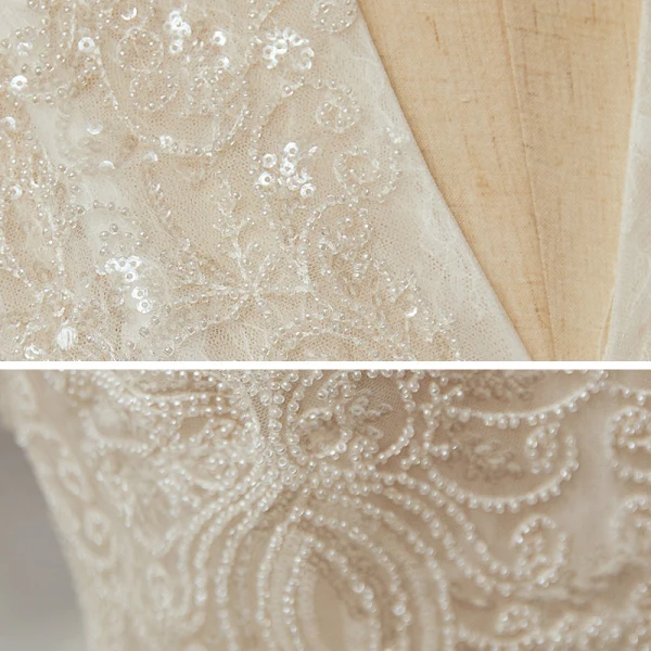 Illusion Ivory See-through Bridal Wedding Dresses 2020 Ball Gown V-Neck Long Sleeve Beading Sequins Glitter Tulle Royal Train Ruffle