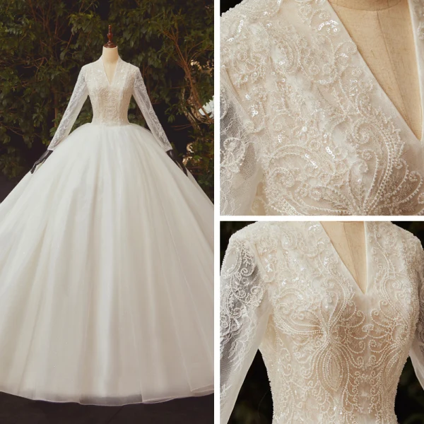 Illusion Ivory See-through Bridal Wedding Dresses 2020 Ball Gown V-Neck Long Sleeve Beading Sequins Glitter Tulle Royal Train Ruffle