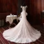 Luxe Champagne La Mariée Robe De Mariée 2020 Trompette / Sirène Transparentes Encolure Carrée Manches Courtes Dos Nu Appliques En Dentelle Fait main Perlage Gland Tribunal Train Volants