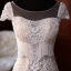 Luxe Champagne La Mariée Robe De Mariée 2020 Trompette / Sirène Transparentes Encolure Carrée Manches Courtes Dos Nu Appliques En Dentelle Fait main Perlage Gland Tribunal Train Volants