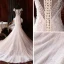 Luxe Champagne La Mariée Robe De Mariée 2020 Trompette / Sirène Transparentes Encolure Carrée Manches Courtes Dos Nu Appliques En Dentelle Fait main Perlage Gland Tribunal Train Volants