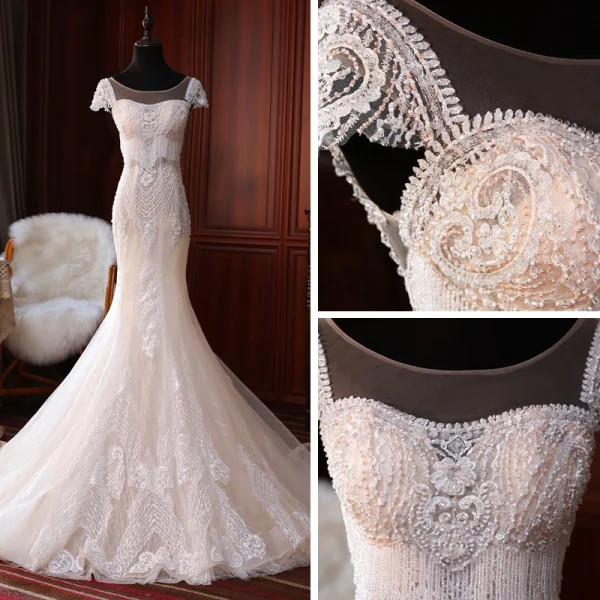 Luxe Champagne La Mariée Robe De Mariée 2020 Trompette / Sirène Transparentes Encolure Carrée Manches Courtes Dos Nu Appliques En Dentelle Fait main Perlage Gland Tribunal Train Volants