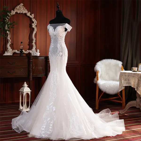 High-end Champagne See-through Bridal Wedding Dresses 2020 Trumpet / Mermaid Off-The-Shoulder Short Sleeve Backless Appliques Lace Beading Pearl Court Train Ruffle