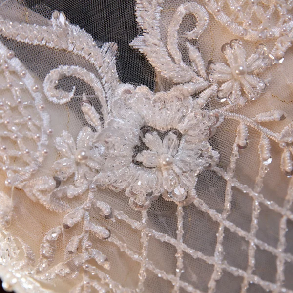 Haut de Gamme Champagne Transparentes La Mariée Robe De Mariée 2020 Trompette / Sirène De l'épaule Manches Courtes Dos Nu Appliques En Dentelle Perlage Perle Tribunal Train Volants