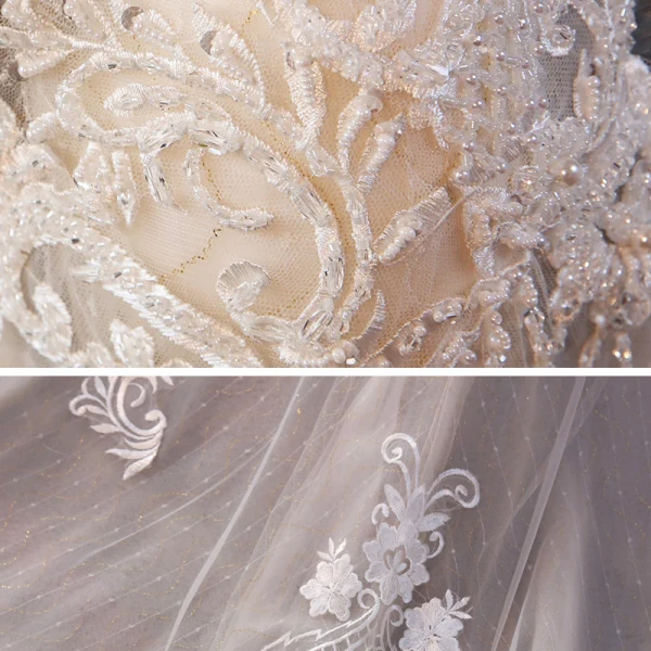 Haut de Gamme Champagne Transparentes La Mariée Robe De Mariée 2020 Trompette / Sirène De l'épaule Manches Courtes Dos Nu Appliques En Dentelle Perlage Perle Tribunal Train Volants