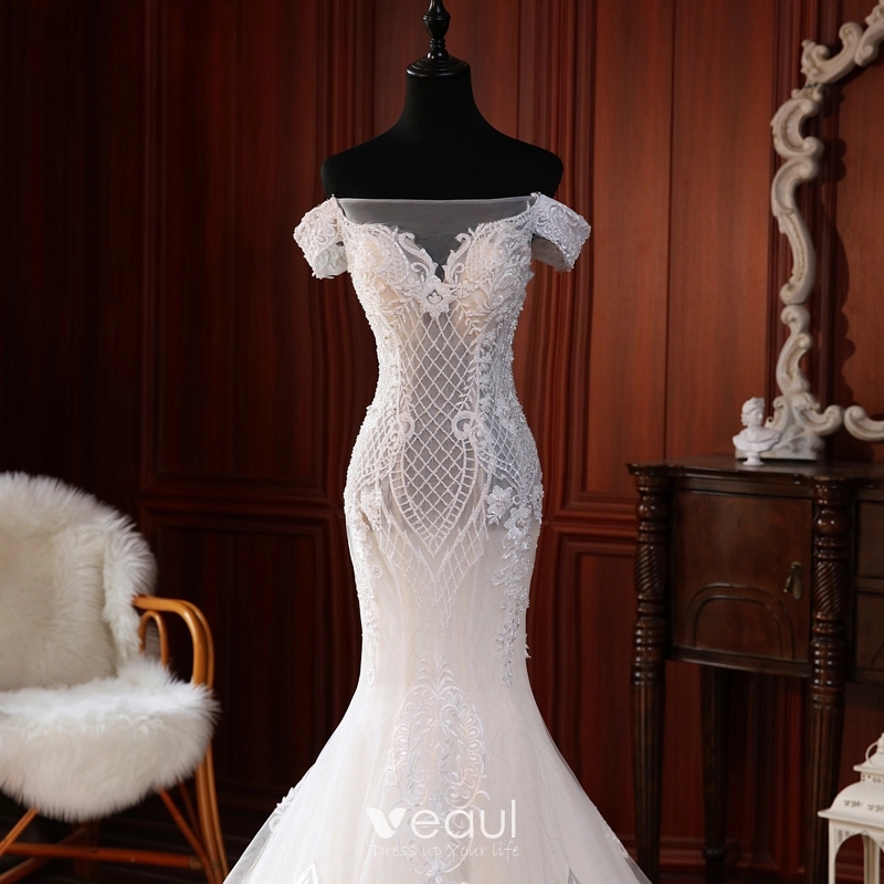 High-end Champagne See-through Bridal Wedding Dresses 2020 Trumpet 