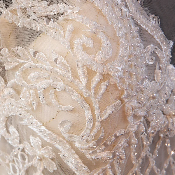 Haut de Gamme Champagne Transparentes La Mariée Robe De Mariée 2020 Trompette / Sirène De l'épaule Manches Courtes Dos Nu Appliques En Dentelle Perlage Perle Tribunal Train Volants