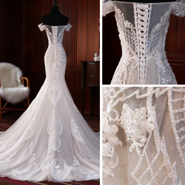 Haut de Gamme Champagne Transparentes La Mariée Robe De Mariée 2020 Trompette / Sirène De l'épaule Manches Courtes Dos Nu Appliques En Dentelle Perlage Perle Tribunal Train Volants