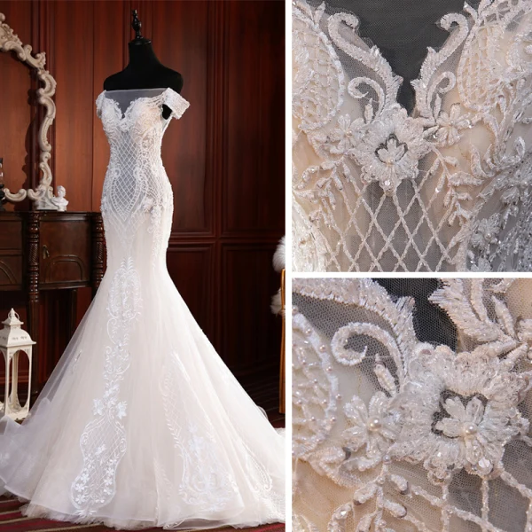 Haut de Gamme Champagne Transparentes La Mariée Robe De Mariée 2020 Trompette / Sirène De l'épaule Manches Courtes Dos Nu Appliques En Dentelle Perlage Perle Tribunal Train Volants