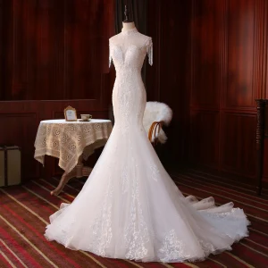 Vintage Marfil Boda Vestidos De Novia 2020 Trumpet Mermaid Transparentes Cuello Alto Sin Mangas Sin Espalda Apliques Con Encaje Rebordear Perla Glitter Tul