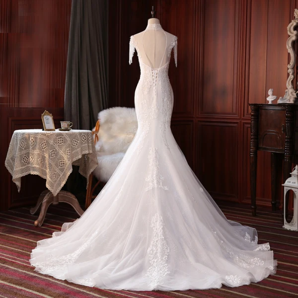 Vintage / Originale Ivoire La Mariée Robe De Mariée 2020 Trompette / Sirène Transparentes Col Haut Sans Manches Dos Nu Appliques En Dentelle Perlage Perle Glitter Tulle