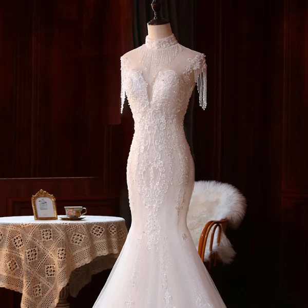 Vintage / Originale Ivoire La Mariée Robe De Mariée 2020 Trompette / Sirène Transparentes Col Haut Sans Manches Dos Nu Appliques En Dentelle Perlage Perle Glitter Tulle