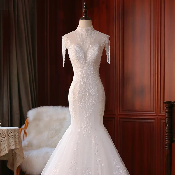 Vintage / Originale Ivoire La Mariée Robe De Mariée 2020 Trompette / Sirène Transparentes Col Haut Sans Manches Dos Nu Appliques En Dentelle Perlage Perle Glitter Tulle