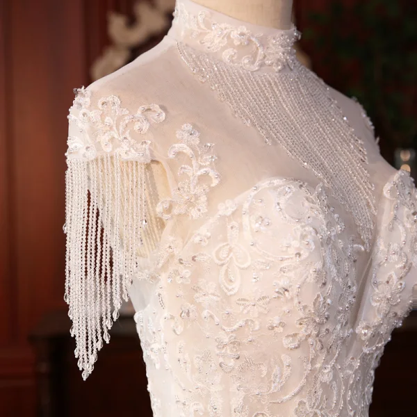 Vintage / Originale Ivoire La Mariée Robe De Mariée 2020 Trompette / Sirène Transparentes Col Haut Sans Manches Dos Nu Appliques En Dentelle Perlage Perle Glitter Tulle