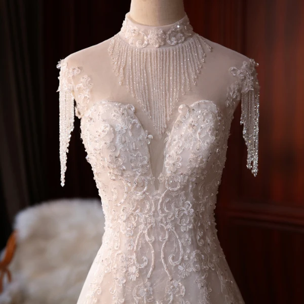 Vintage / Originale Ivoire La Mariée Robe De Mariée 2020 Trompette / Sirène Transparentes Col Haut Sans Manches Dos Nu Appliques En Dentelle Perlage Perle Glitter Tulle