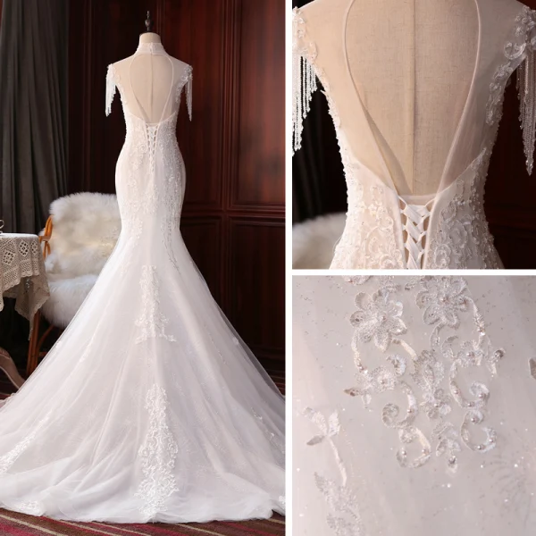 Vintage / Originale Ivoire La Mariée Robe De Mariée 2020 Trompette / Sirène Transparentes Col Haut Sans Manches Dos Nu Appliques En Dentelle Perlage Perle Glitter Tulle