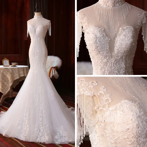 Vintage / Originale Ivoire La Mariée Robe De Mariée 2020 Trompette / Sirène Transparentes Col Haut Sans Manches Dos Nu Appliques En Dentelle Perlage Perle Glitter Tulle
