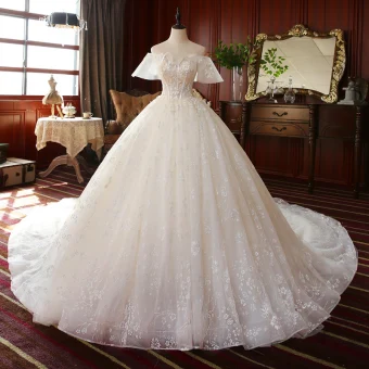 High End Champagne Bridal Wedding Dresses 2020 Ball Gown Off The Shoulder Short Sleeve Backless Appliques Lace Beading Glitter Flower Tulle Cathedral Train Ruffle