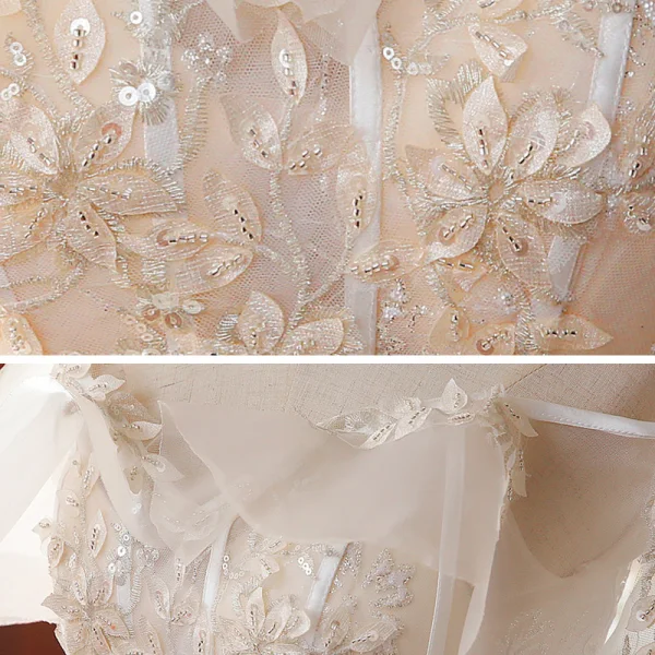 High-end Champagne Bridal Wedding Dresses 2020 Ball Gown Off-The-Shoulder Short Sleeve Backless Appliques Lace Beading Glitter Flower Tulle Cathedral Train Ruffle