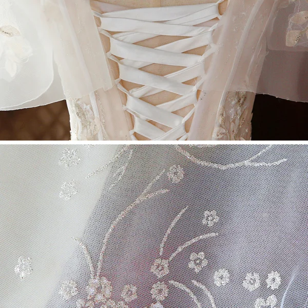High-end Champagne Bridal Wedding Dresses 2020 Ball Gown Off-The-Shoulder Short Sleeve Backless Appliques Lace Beading Glitter Flower Tulle Cathedral Train Ruffle