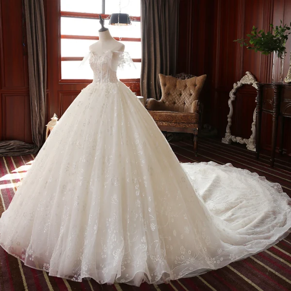 High-end Champagne Bridal Wedding Dresses 2020 Ball Gown Off-The-Shoulder Short Sleeve Backless Appliques Lace Beading Glitter Flower Tulle Cathedral Train Ruffle