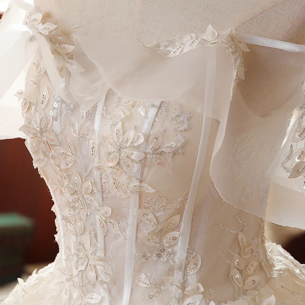 High-end Champagne Bridal Wedding Dresses 2020 Ball Gown Off-The-Shoulder Short Sleeve Backless Appliques Lace Beading Glitter Flower Tulle Cathedral Train Ruffle