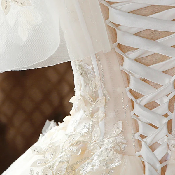 High-end Champagne Bridal Wedding Dresses 2020 Ball Gown Off-The-Shoulder Short Sleeve Backless Appliques Lace Beading Glitter Flower Tulle Cathedral Train Ruffle