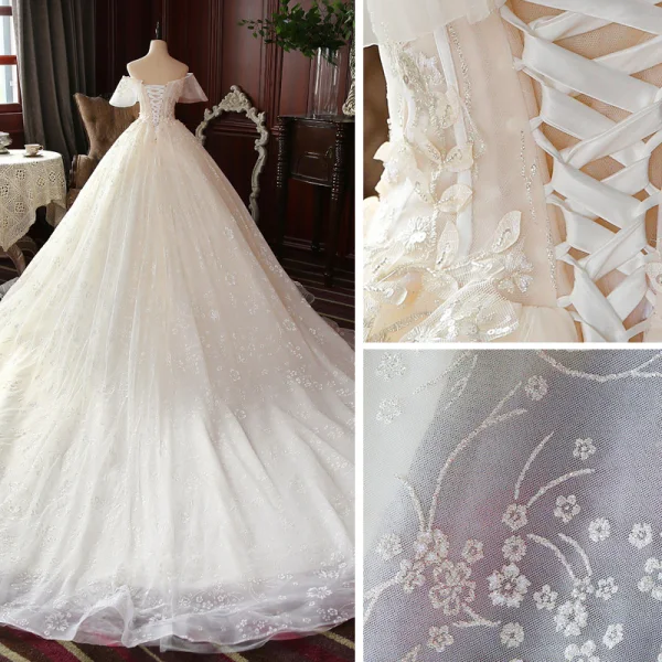 High-end Champagne Bridal Wedding Dresses 2020 Ball Gown Off-The-Shoulder Short Sleeve Backless Appliques Lace Beading Glitter Flower Tulle Cathedral Train Ruffle