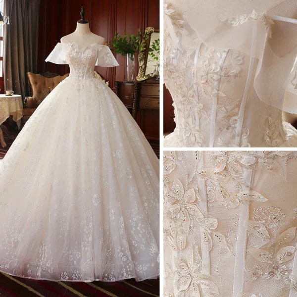 High-end Champagne Bridal Wedding Dresses 2020 Ball Gown Off-The-Shoulder Short Sleeve Backless Appliques Lace Beading Glitter Flower Tulle Cathedral Train Ruffle