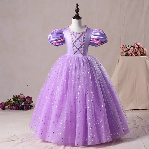 Vintage / Retro Lilac Birthday Flower Girl Dresses 2020 Princess Scoop Neck Puffy Short Sleeve Beading Sequins Floor-Length / Long Ruffle