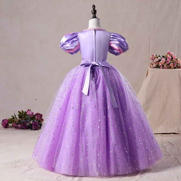 Vintage / Originale Lilas Anniversaire Robe Ceremonie Fille 2020 Princesse Encolure Dégagée Gonflée Manches Courtes Perlage Paillettes Longue Volants