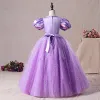 Vintage / Retro Lilac Birthday Flower Girl Dresses 2020 Princess Scoop Neck Puffy Short Sleeve Beading Sequins Floor-Length / Long Ruffle