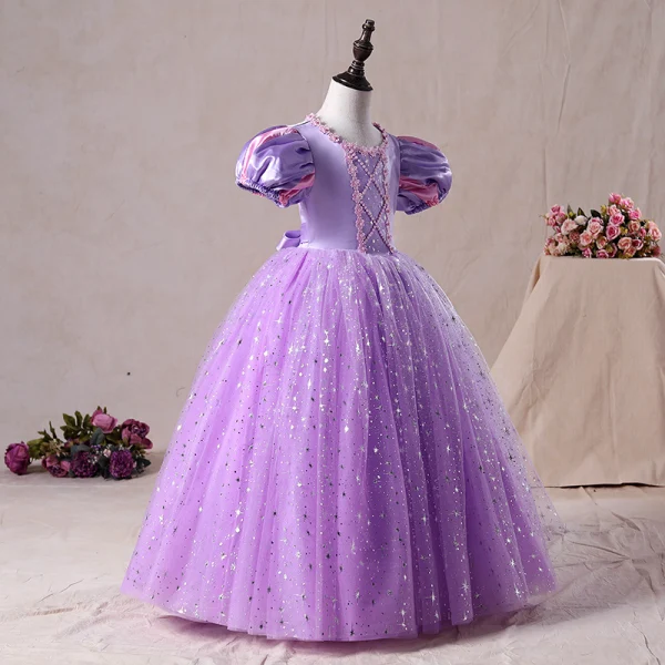 Vintage / Originale Lilas Anniversaire Robe Ceremonie Fille 2020 Princesse Encolure Dégagée Gonflée Manches Courtes Perlage Paillettes Longue Volants