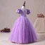 Vintage / Originale Lilas Anniversaire Robe Ceremonie Fille 2020 Princesse Encolure Dégagée Gonflée Manches Courtes Perlage Paillettes Longue Volants