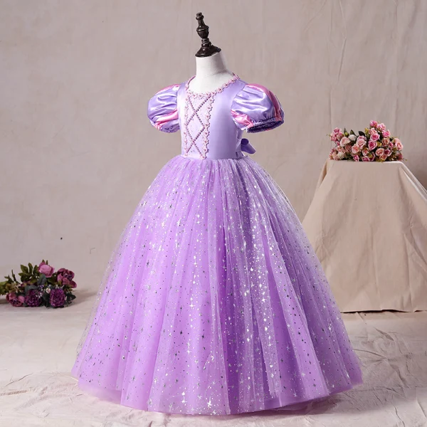 Vintage / Originale Lilas Anniversaire Robe Ceremonie Fille 2020 Princesse Encolure Dégagée Gonflée Manches Courtes Perlage Paillettes Longue Volants