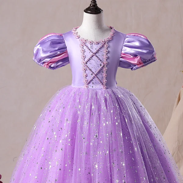 Vintage / Originale Lilas Anniversaire Robe Ceremonie Fille 2020 Princesse Encolure Dégagée Gonflée Manches Courtes Perlage Paillettes Longue Volants