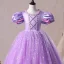 Vintage / Originale Lilas Anniversaire Robe Ceremonie Fille 2020 Princesse Encolure Dégagée Gonflée Manches Courtes Perlage Paillettes Longue Volants