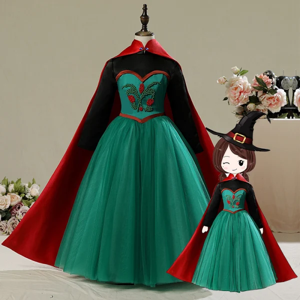 Frozen Costume Dark Green Birthday Flower Girl Dresses with Cloak 2020 A-Line Princess