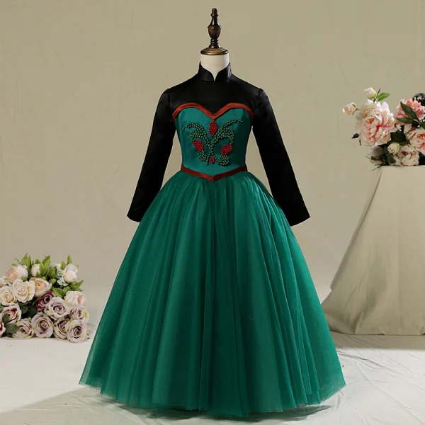 Frozen Costume Dark Green Birthday Flower Girl Dresses With Cloak 2020 A-Line / Princess High Neck Long Sleeve Beading Floor-Length / Long