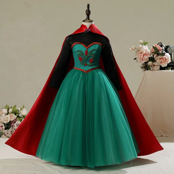 Frozen Costume Dark Green Birthday Flower Girl Dresses With Cloak 2020 A-Line / Princess High Neck Long Sleeve Beading Floor-Length / Long