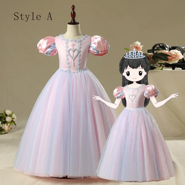 Vintage / Retro Pearl Pink Birthday Flower Girl Dresses 2020 Princess Scoop Neck Puffy Long Sleeve Beading Floor-Length / Long Ruffle
