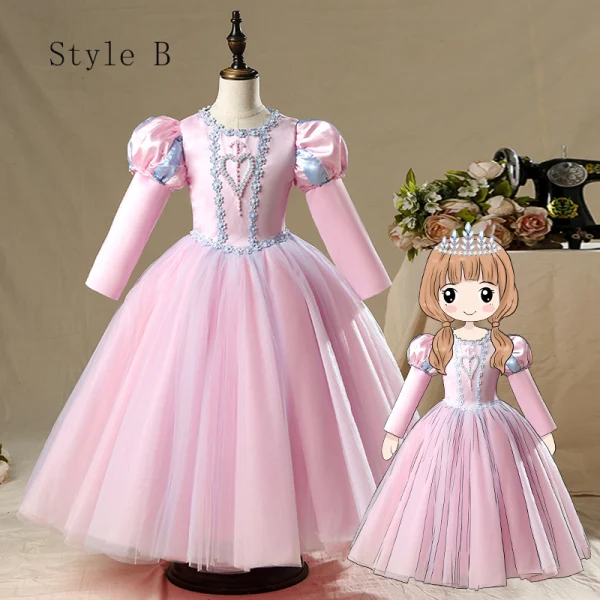 Vintage / Retro Pearl Pink Birthday Flower Girl Dresses 2020 Princess Scoop Neck Puffy Long Sleeve Beading Floor-Length / Long Ruffle