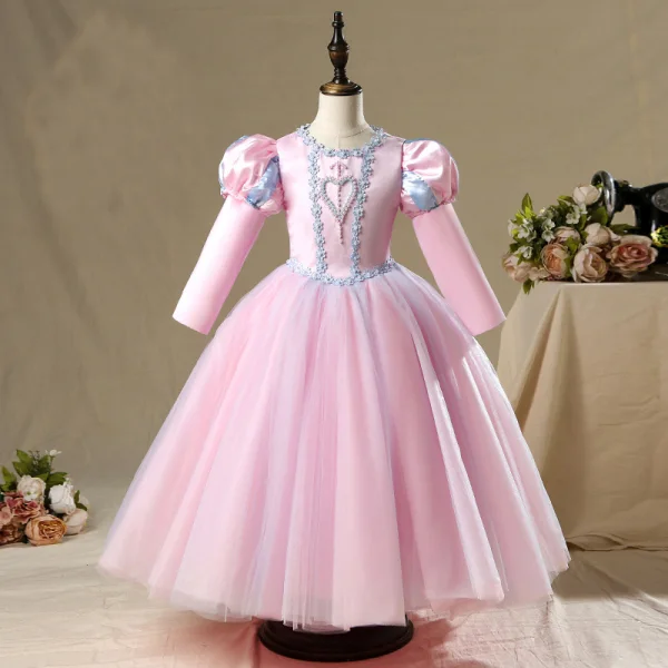 Vintage / Retro Pearl Pink Birthday Flower Girl Dresses 2020 Princess Scoop Neck Puffy Long Sleeve Beading Floor-Length / Long Ruffle